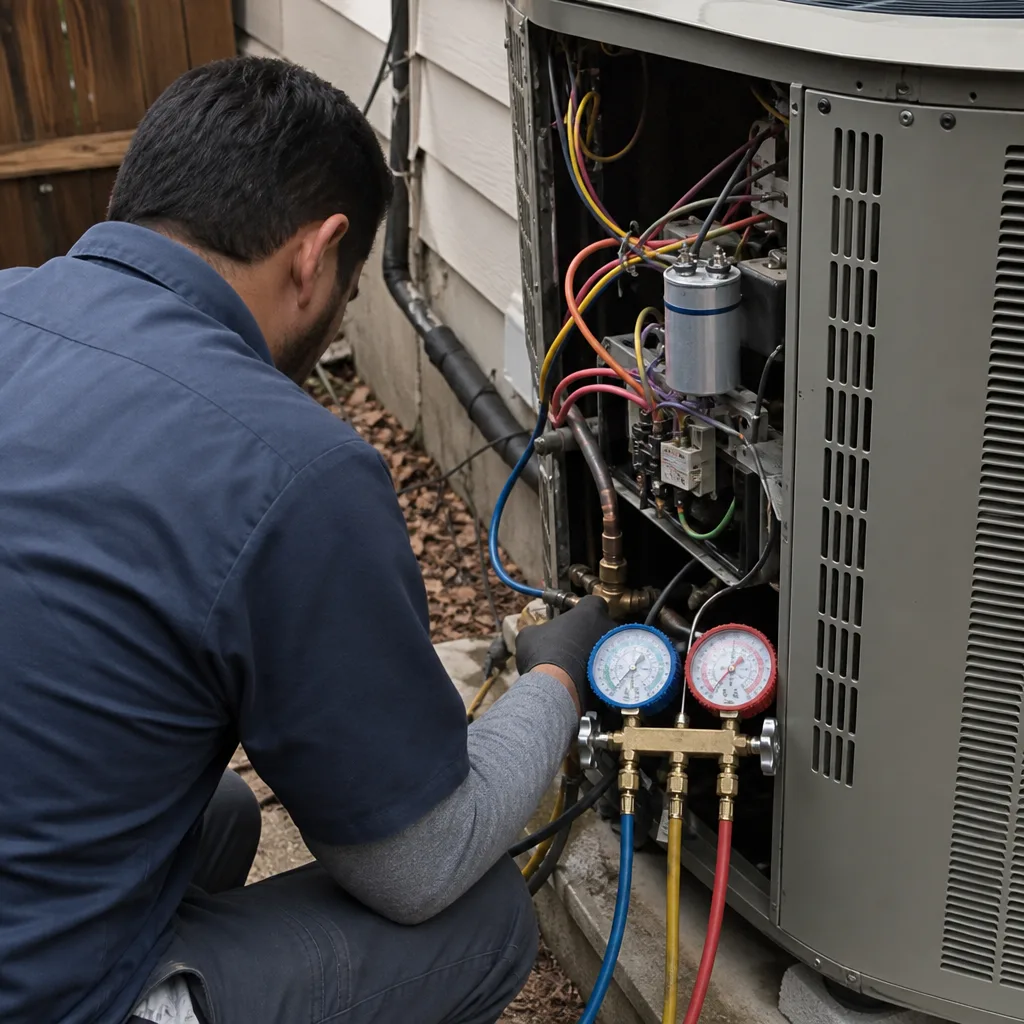 HVAC technician performing AC repair with manifold pressure gauges