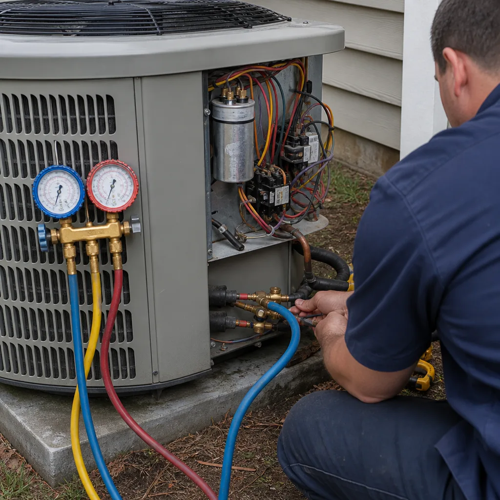 HVAC technician performing air conditioning maintenance and repair on outdoor unit