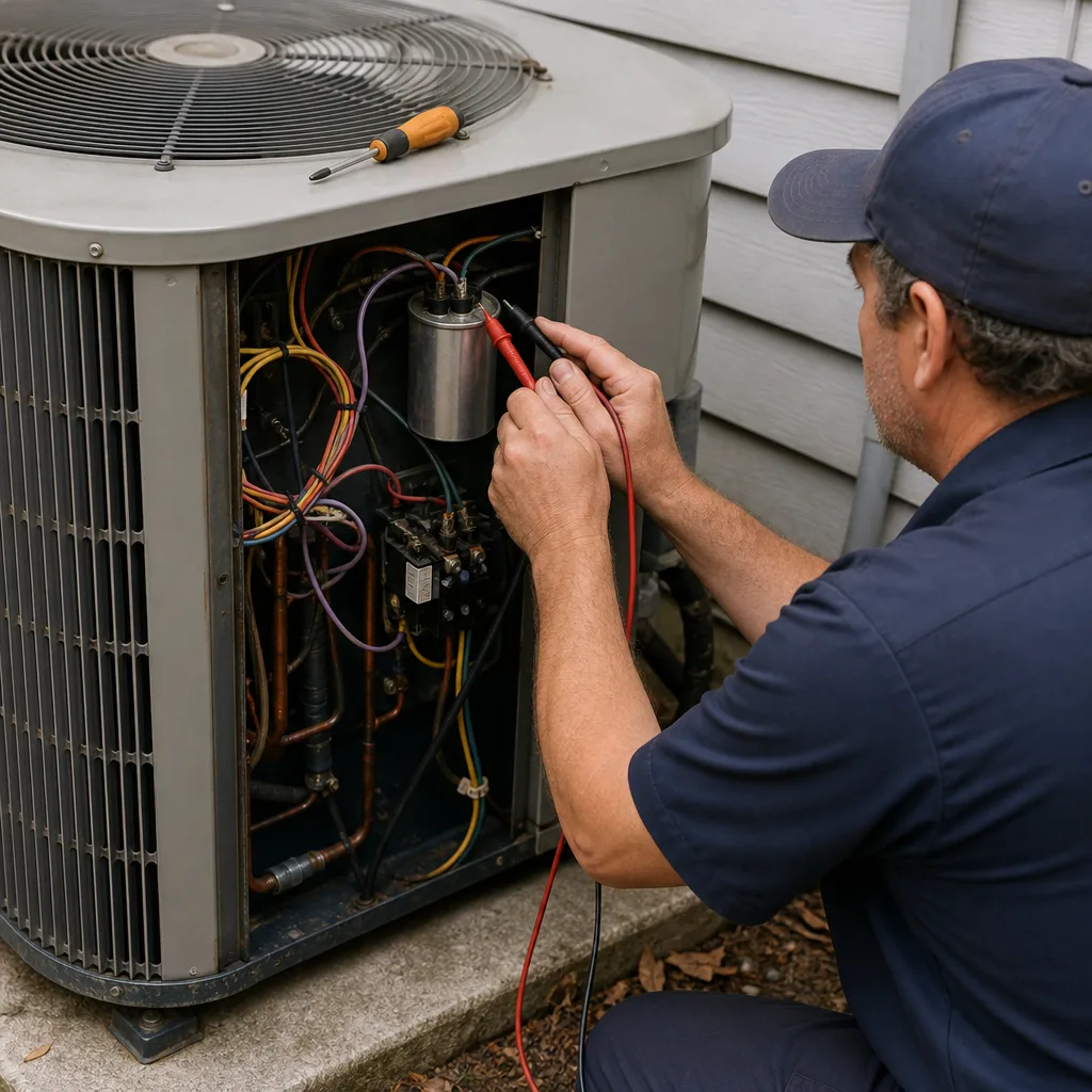 HVAC technician performing electrical diagnostics on a residential air conditioner unit