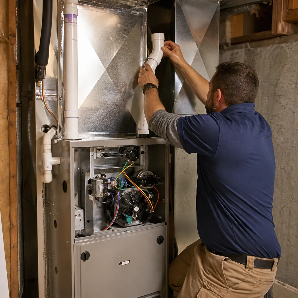 HVAC technician performing professional furnace repair and venting installation