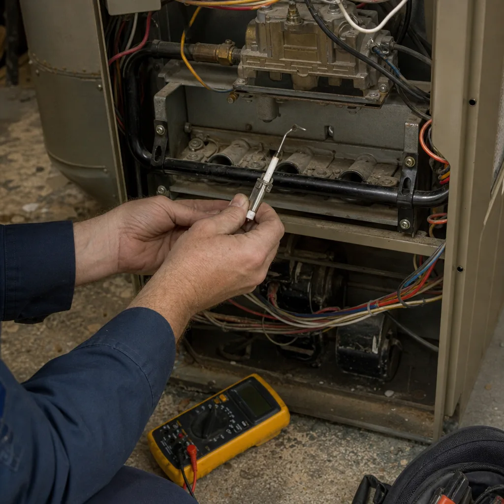 HVAC technician holding a furnace flame sensor during a repair service