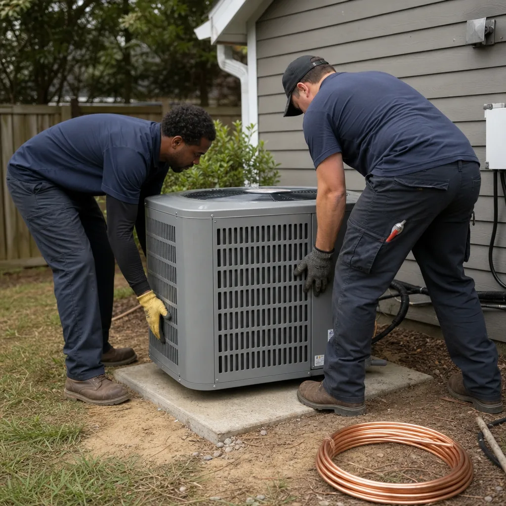 Two professional HVAC technicians installing a residential outdoor air conditioning unit in Marietta, GA